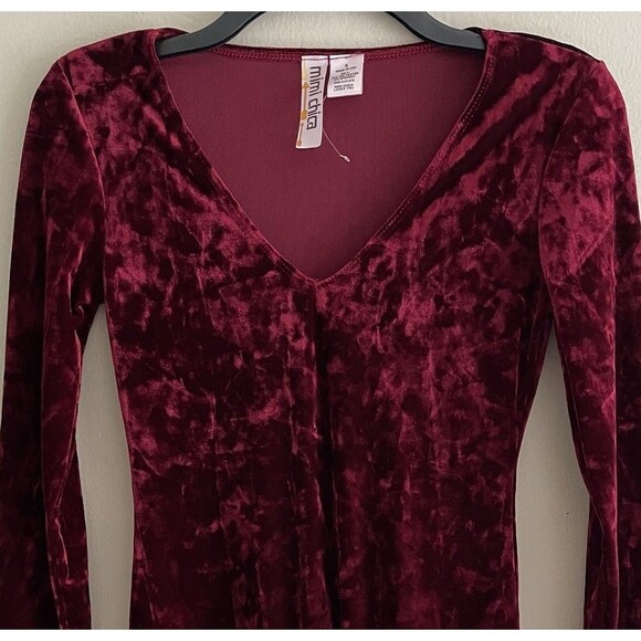 Mimi Chica Body Suit Top Size S Velvet Long Sleeve V Neck Burgundy Red Fancy - Picture 2 of 5